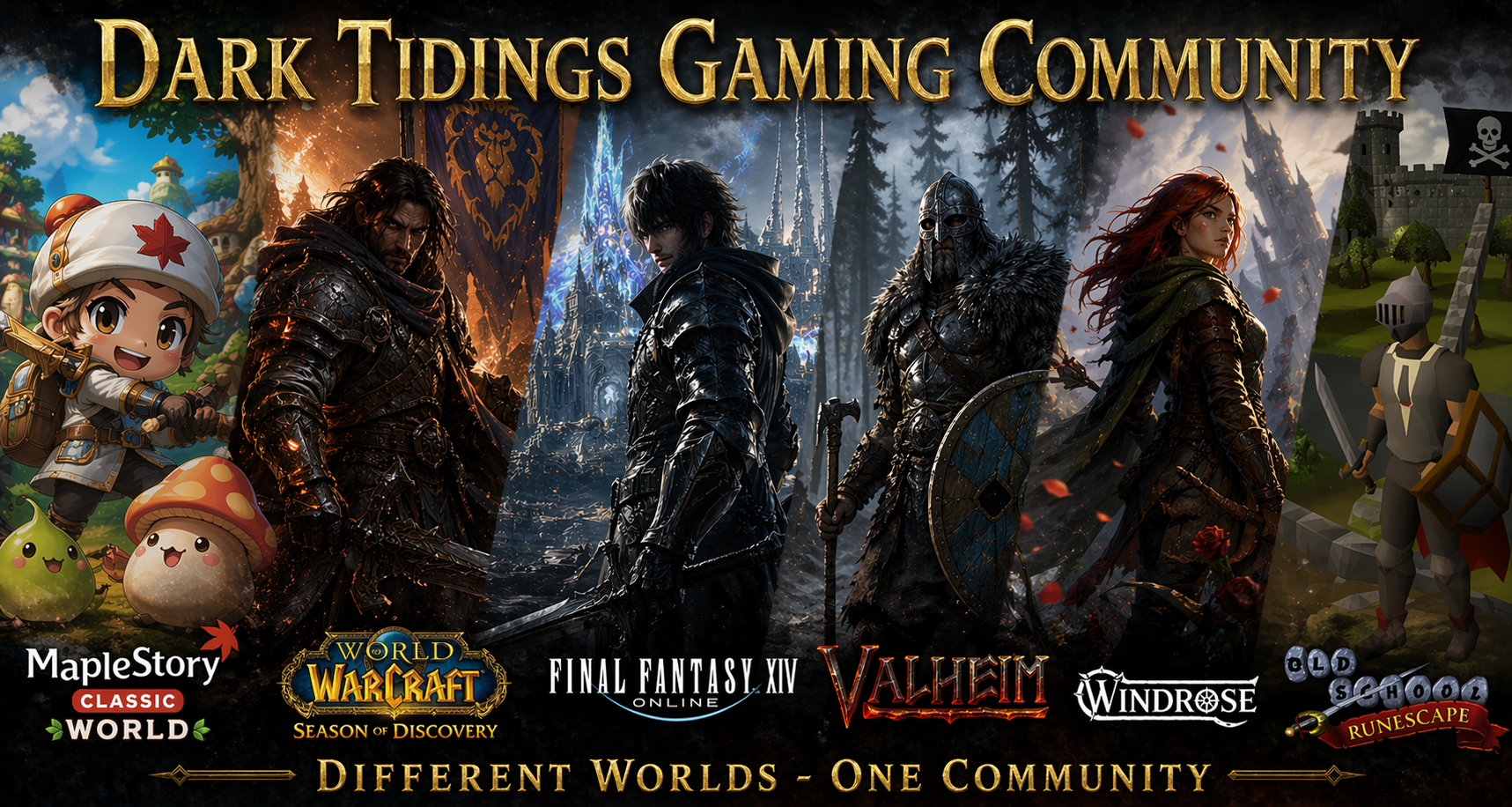 Dark Tidings Gaming Community banner featuring MapleStory Classic World, World of Warcraft Season of Discovery, Final Fantasy XIV, Valheim, Windrose, and Old School RuneScape